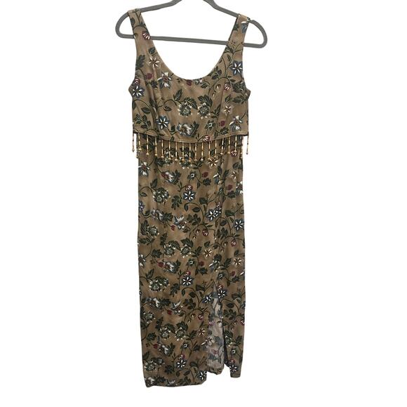 All That Jazz woman's midi sun dress bead accent brown green flowered 3/4 size‎ - Picture 2 of 7